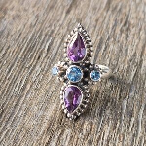 Nicky Butler 925 Sterling Silver Ring NB Designer Amethyst & Blue Topaz Size 7